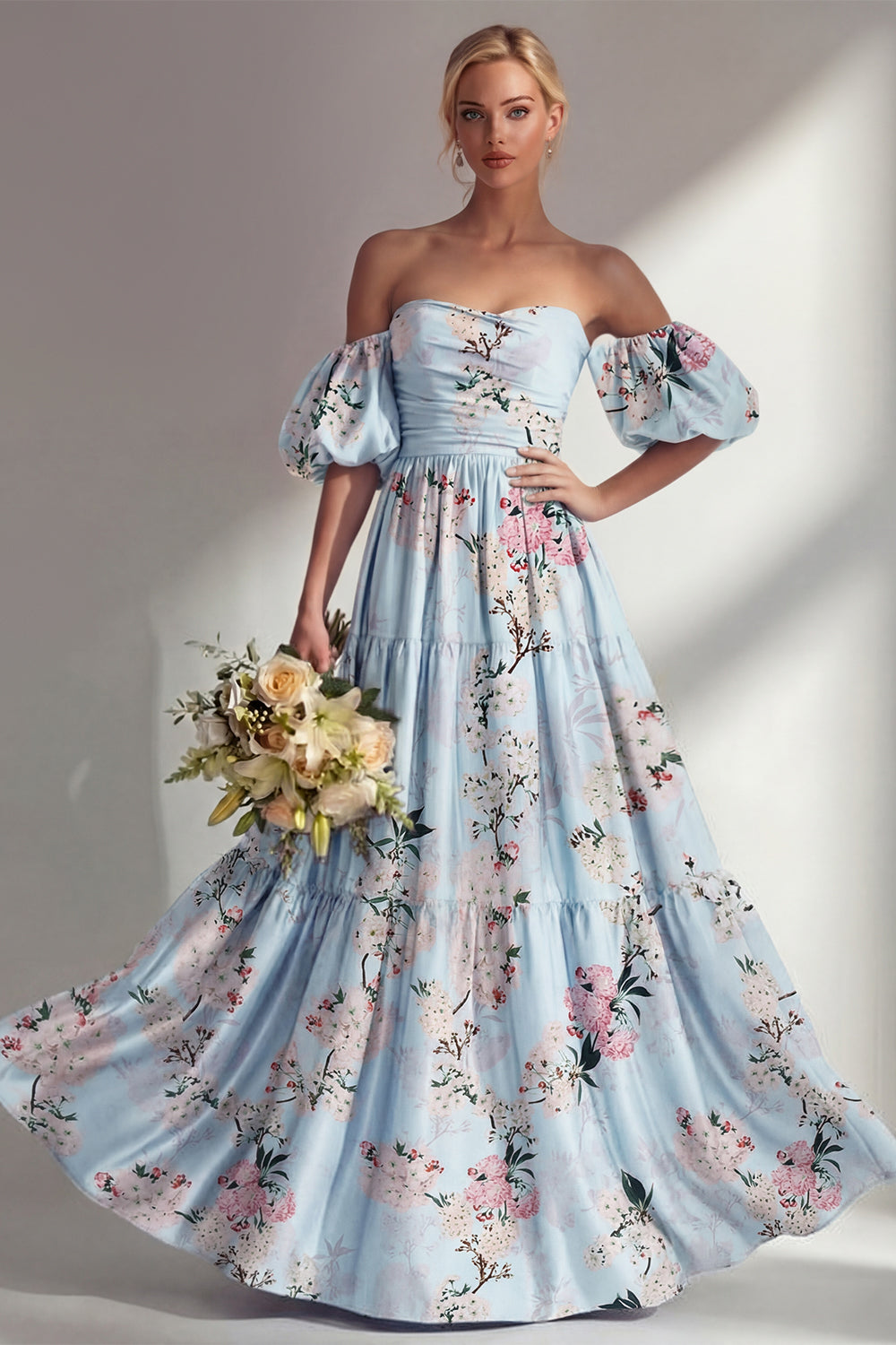 Robe longue de demoiselle d'honneur trapèze rose sans bretelles à fleurs avec manches bouffantes