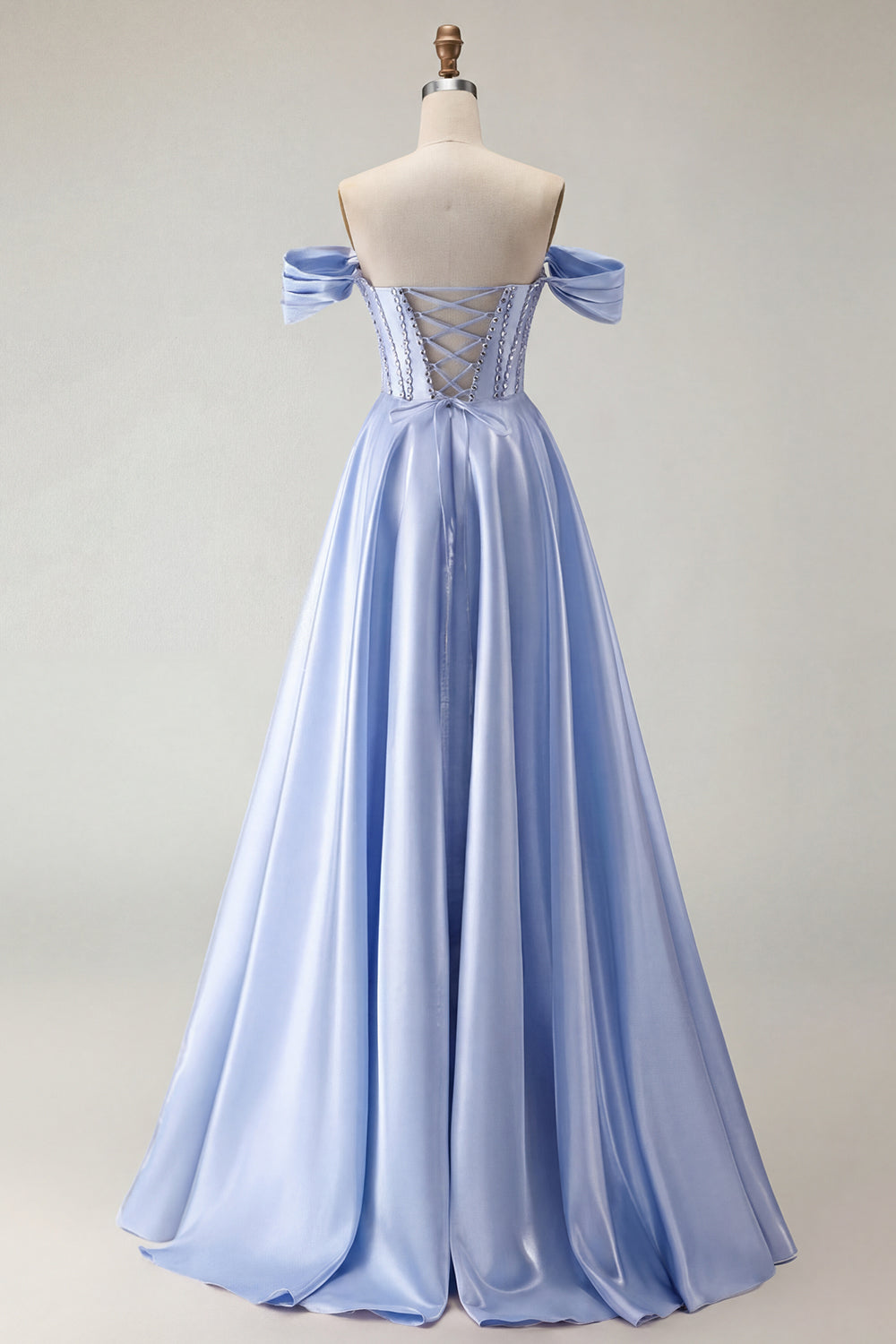 Robe de bal longue en tulle violet avec corset, épaules dénudées, perles, ligne A et fente