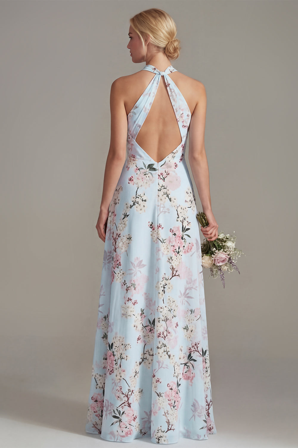 Pink A-Line Halter Neck Floral Long Bridesmaid Dress