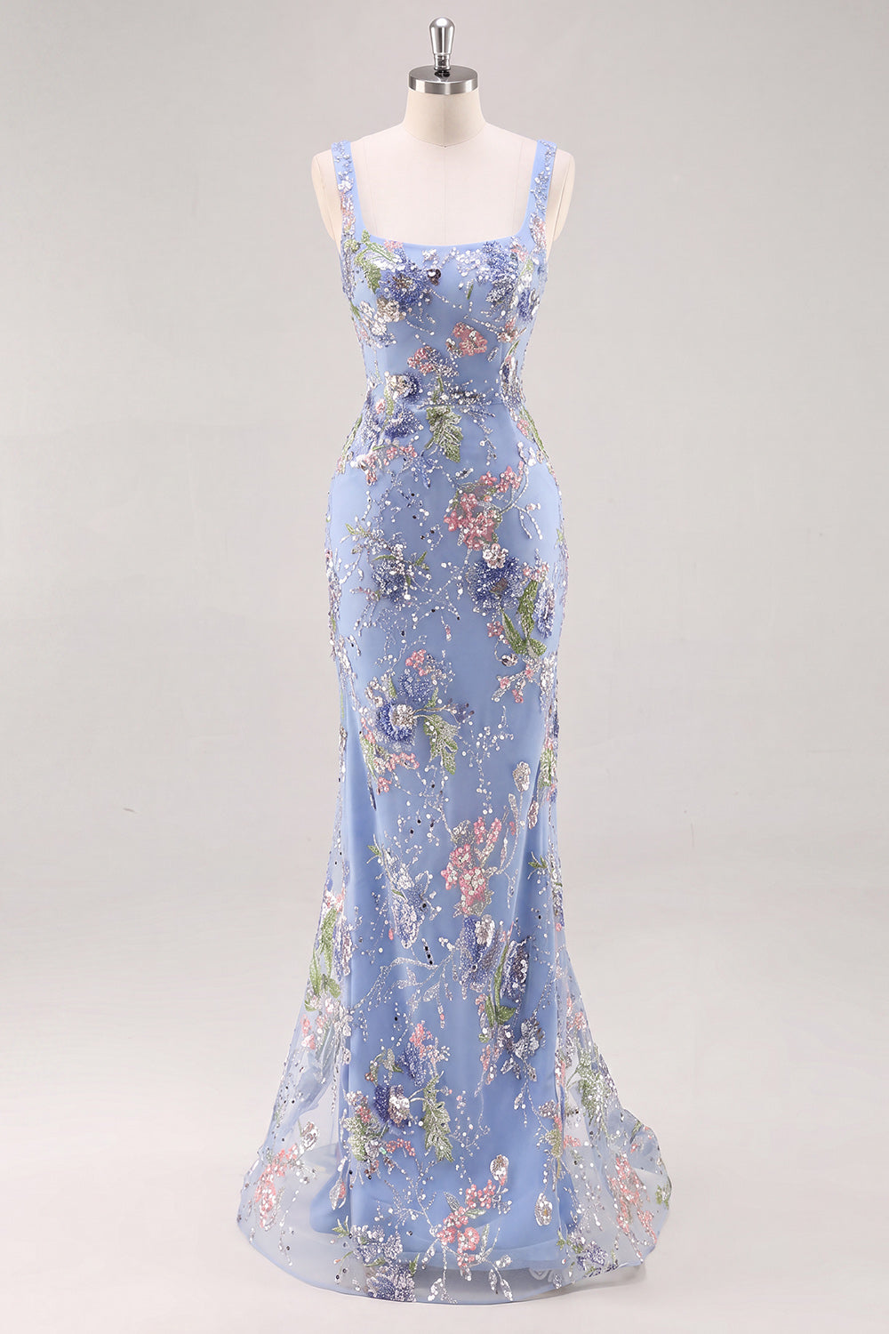 Robe de bal sirène longue rose à col carré, ornée de fleurs et de perles