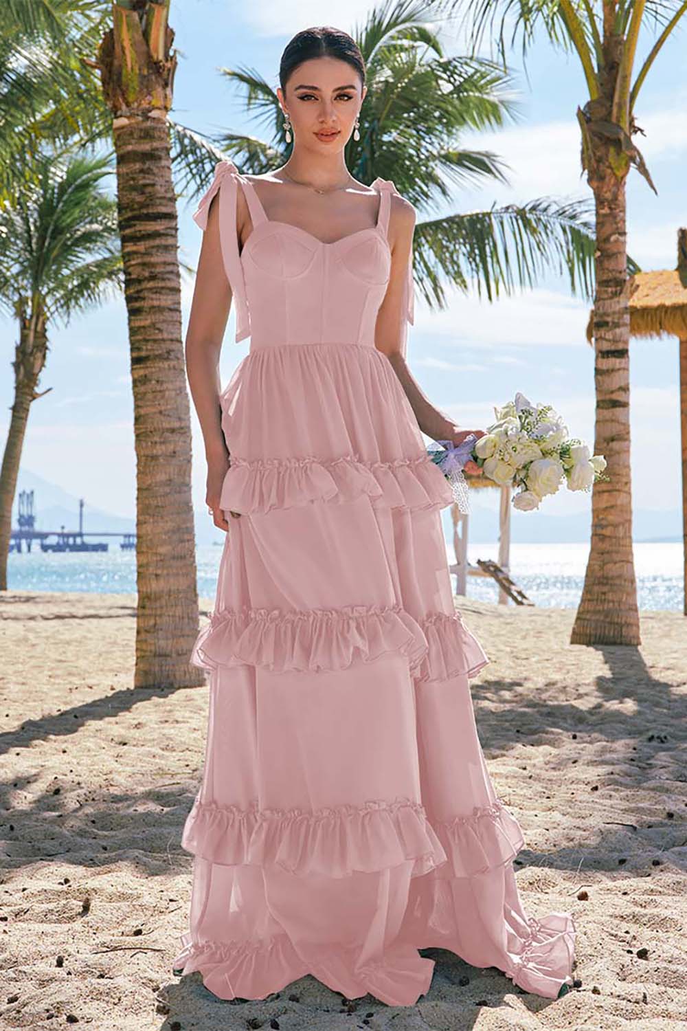 Eucalyptus A-Line Bow Tie Straps Corset Chiffon Long Bridesmaid Dress with Slit