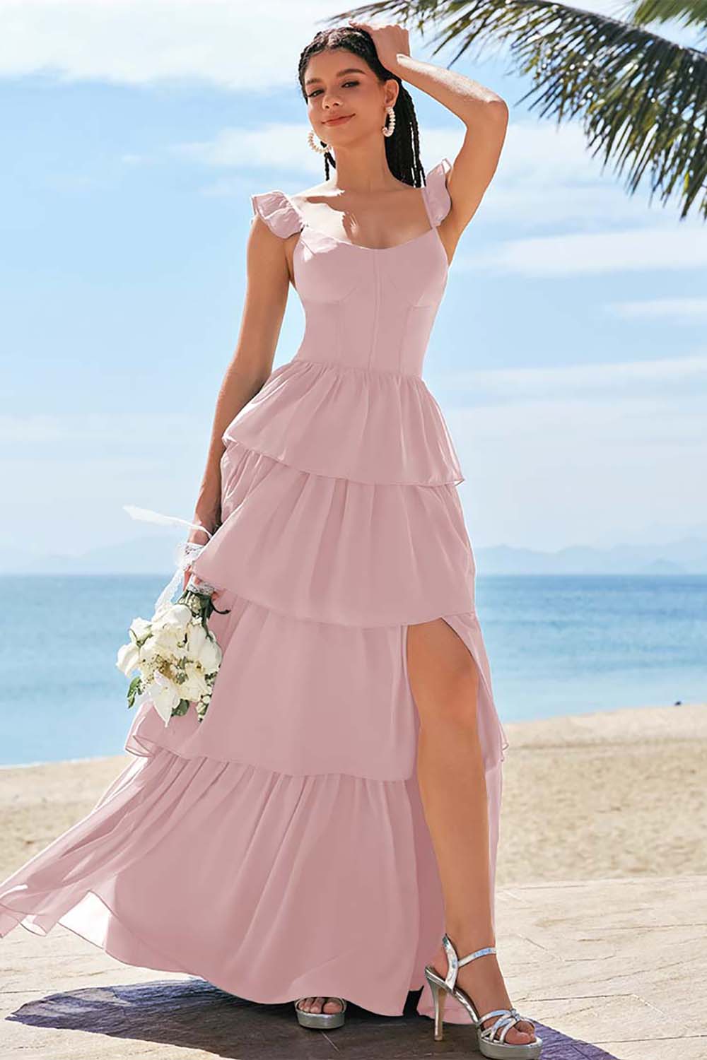 Robe de demoiselle d'honneur longue Eucalyptus avec corset trapèze, volants étagés et fente