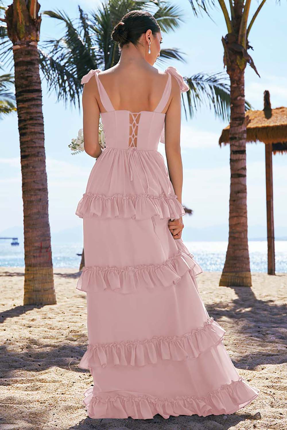 Eucalyptus A-Line Bow Tie Straps Corset Chiffon Long Bridesmaid Dress with Slit