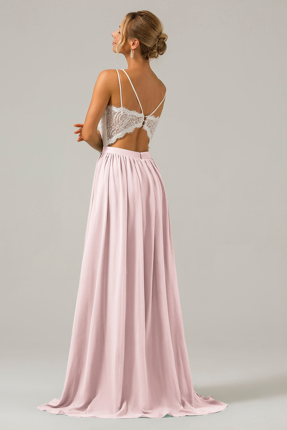 Robe longue de demoiselle d'honneur en mousseline de soie à dos ouvert, style bohème, couleur eucalyptus, avec dentelle