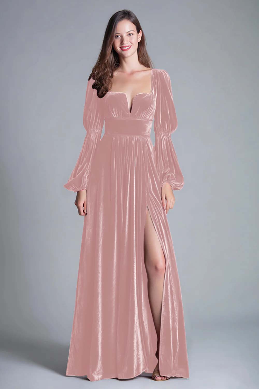 Vestido de noche formal línea A de terciopelo burdeos con cuello cuadrado y abertura