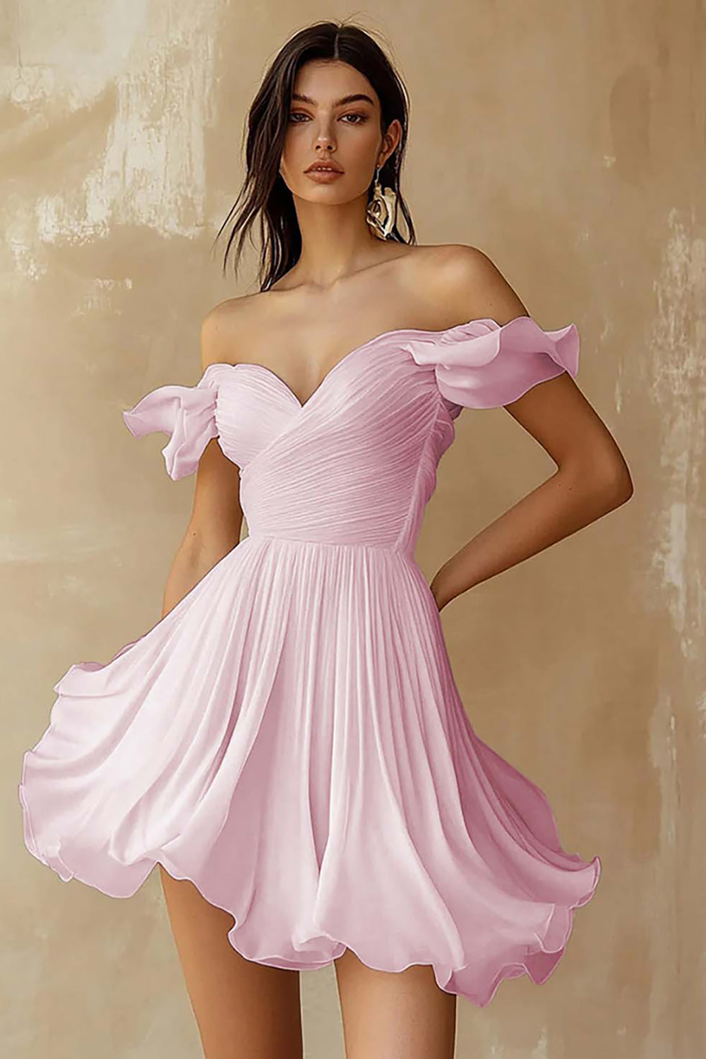 A-Line Ruffled Off-the-Shoulder Pleated White Graduation Dress