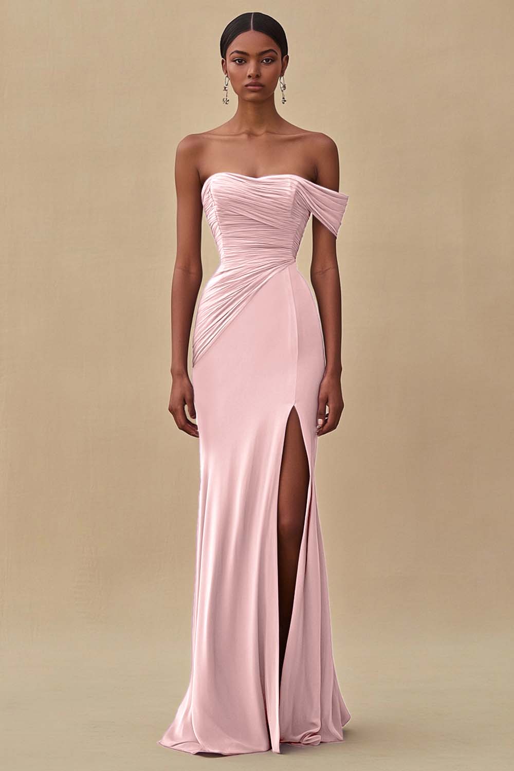 Robe de soirée longue sirène bleu encre à épaules dénudées avec fente