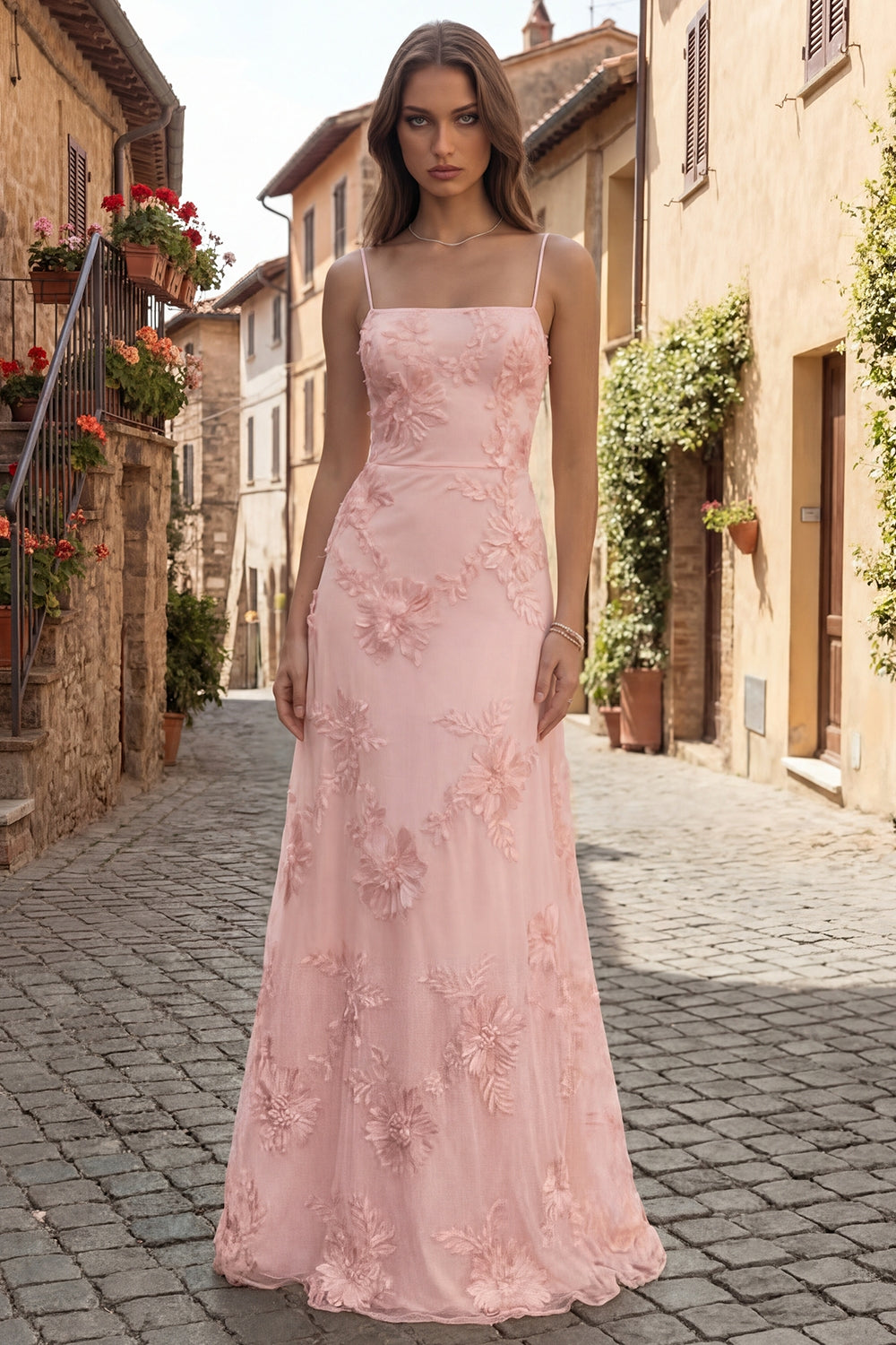 Yellow A-Line Spaghetti Straps Lace-Up Back Long Prom Dress with Floral Embroidery