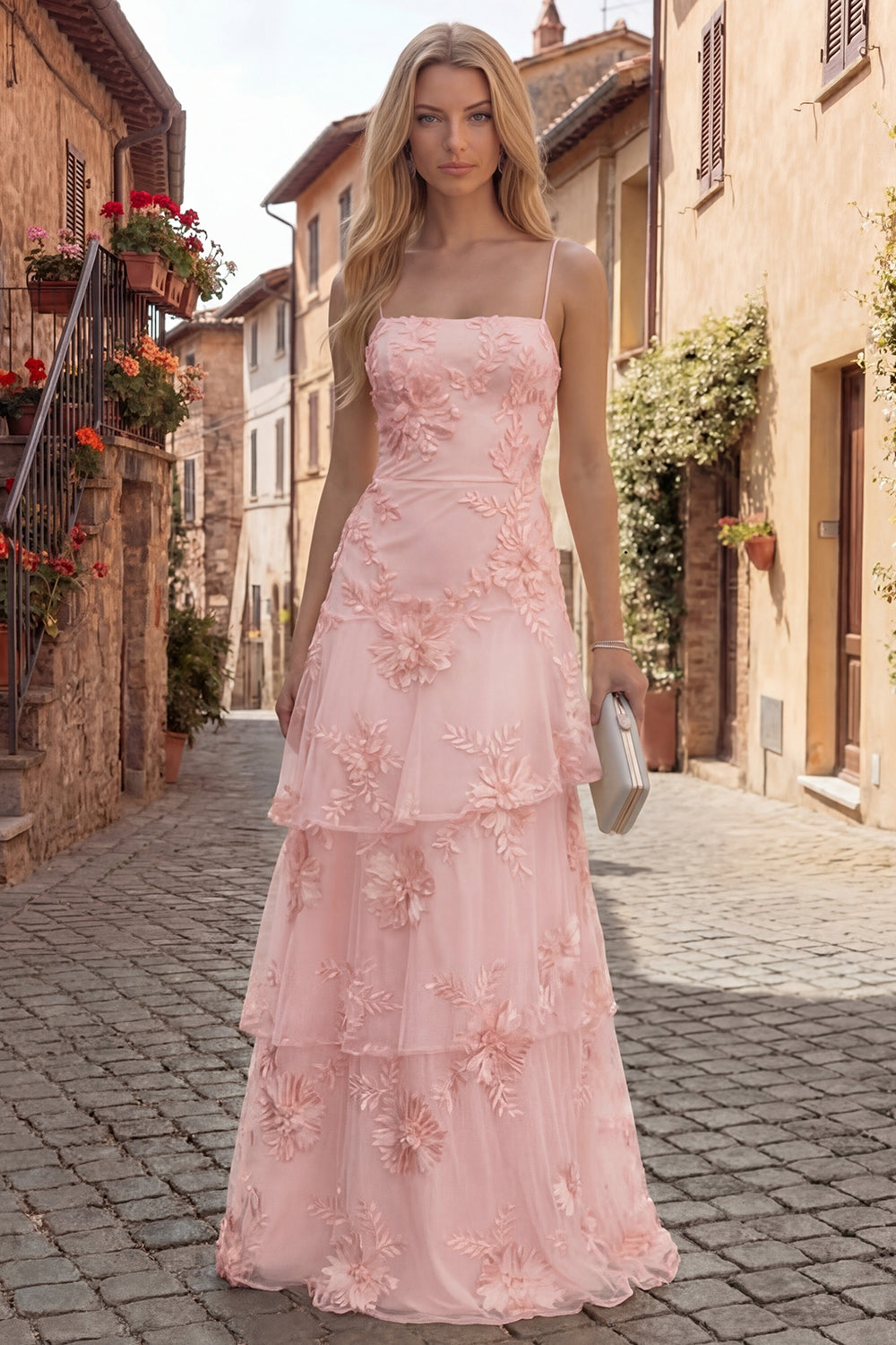 Yellow A-Line Spaghetti Straps Tiered Long Prom Dress with Floral Embroidery