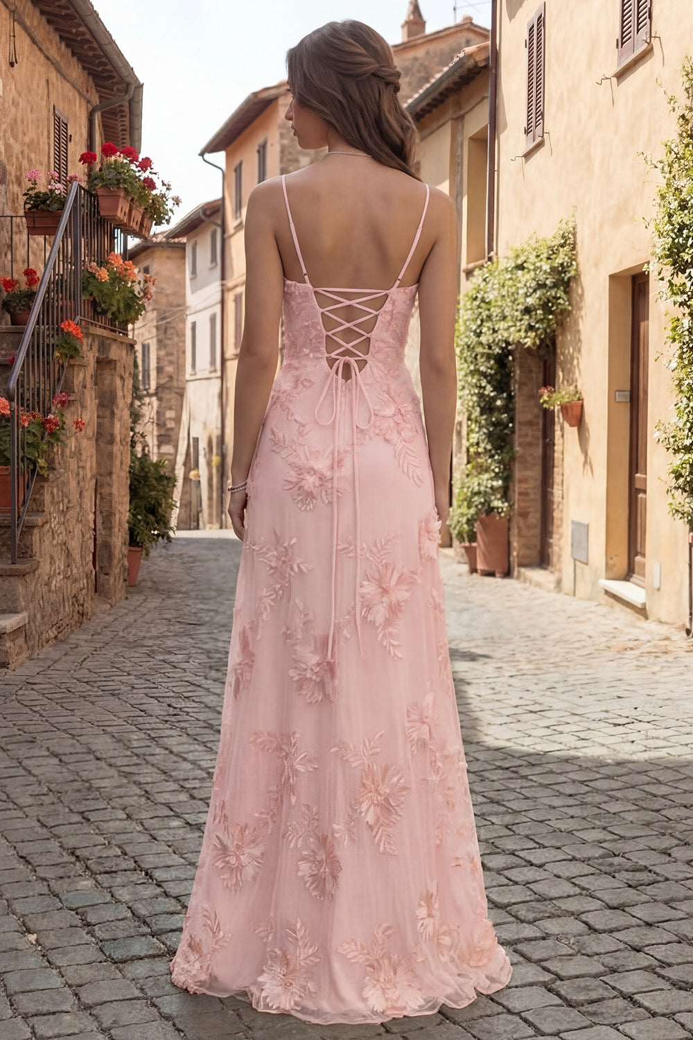 Yellow A-Line Spaghetti Straps Lace-Up Back Long Prom Dress with Floral Embroidery