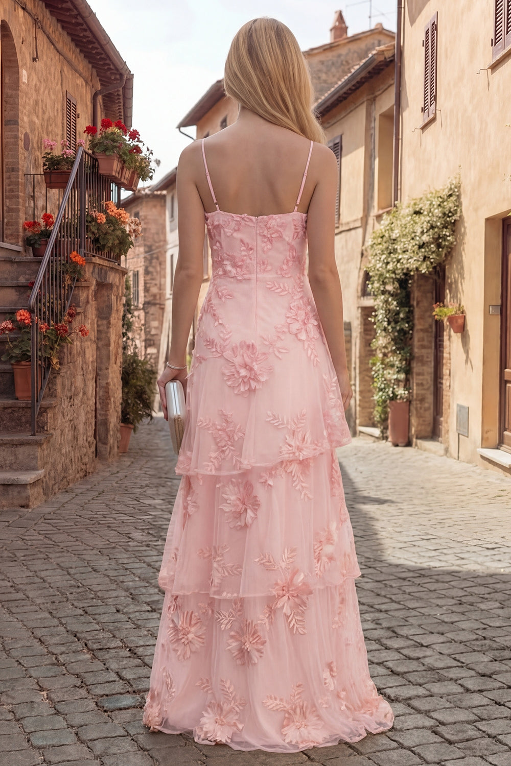 Yellow A-Line Spaghetti Straps Tiered Long Prom Dress with Floral Embroidery