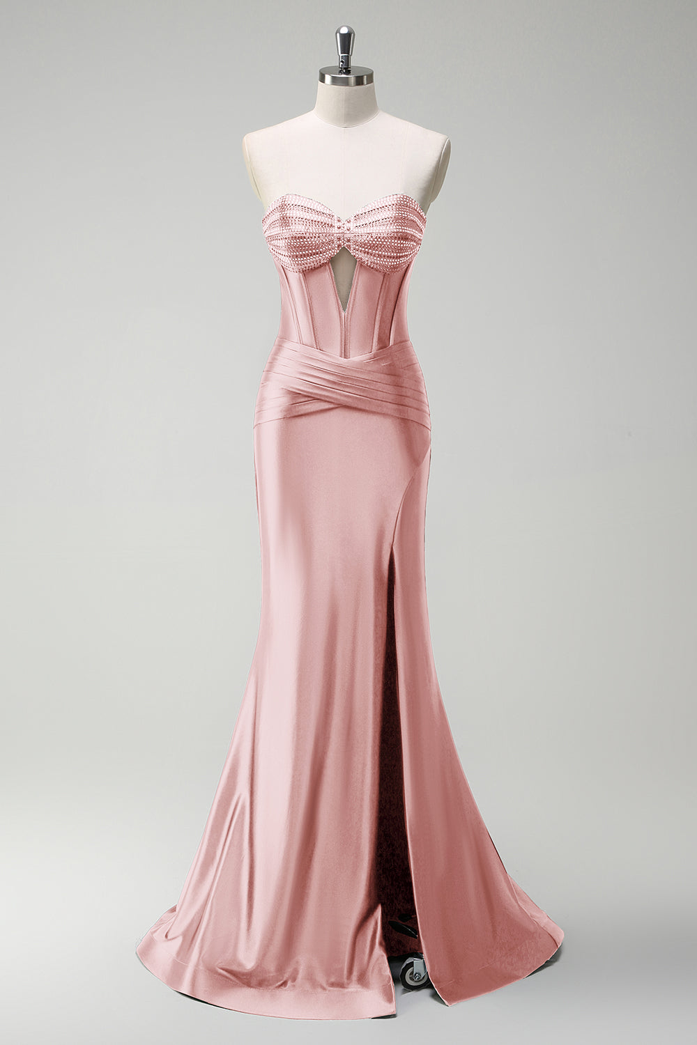 Robe de bal longue en satin bleu roi scintillant avec bustier orné de perles de sirène et fente