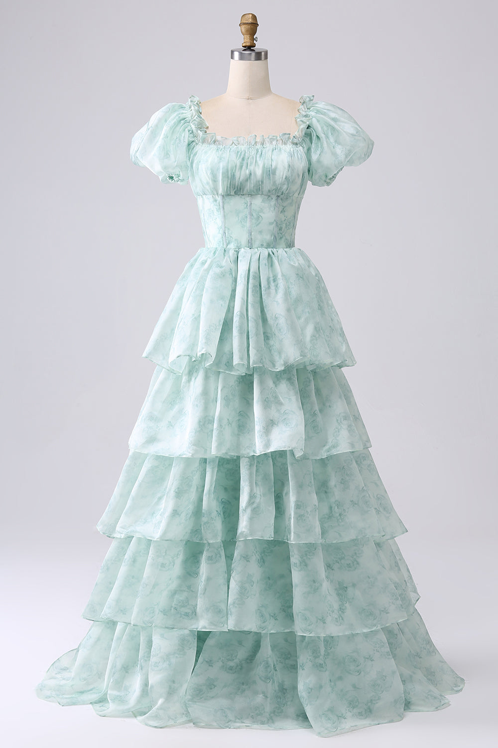 Robe de bal trapèze rose avec encolure carrée, volants et volants étagés