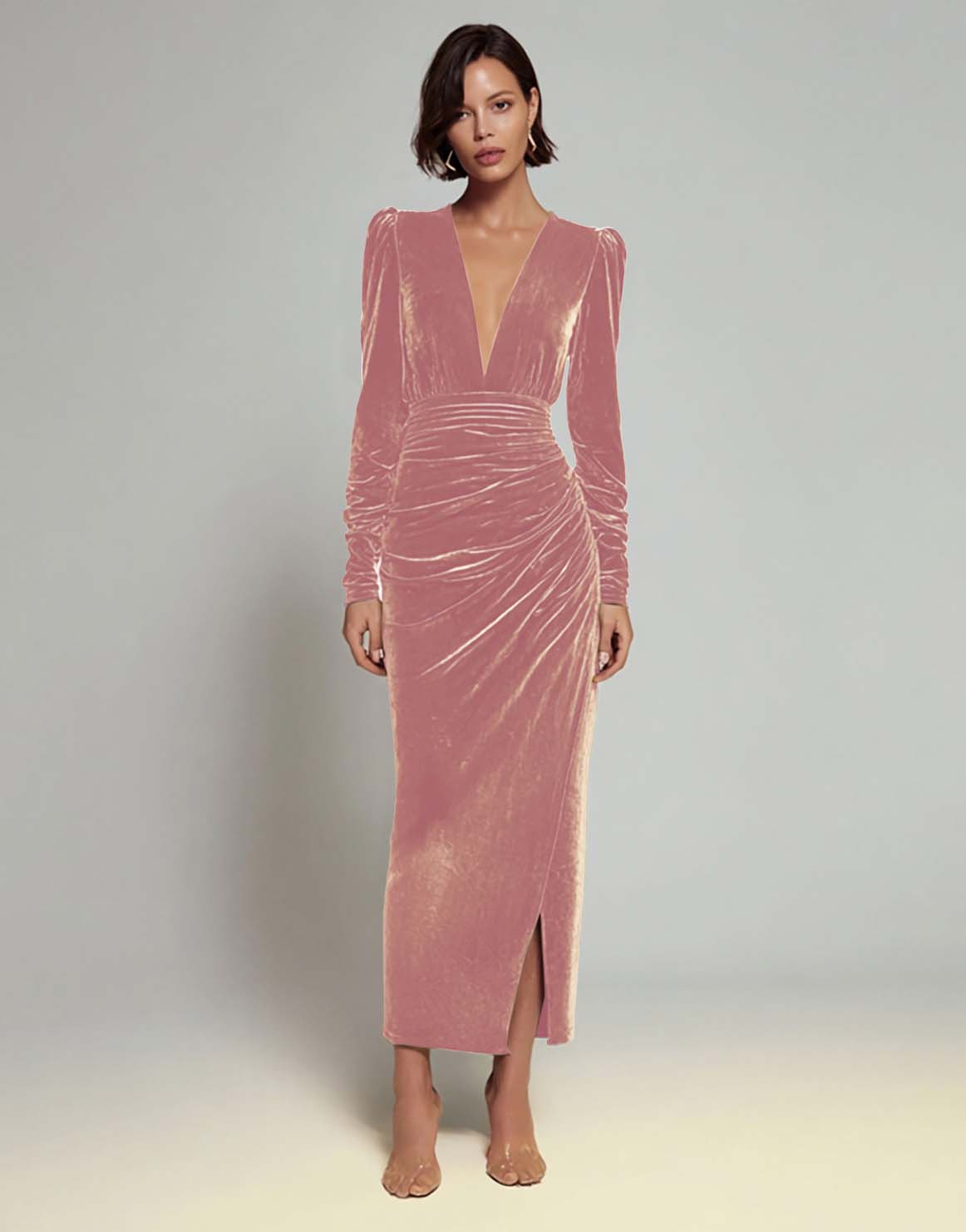 Velvet Sheath Olive V-Neck Ruched Choir Dress with slit