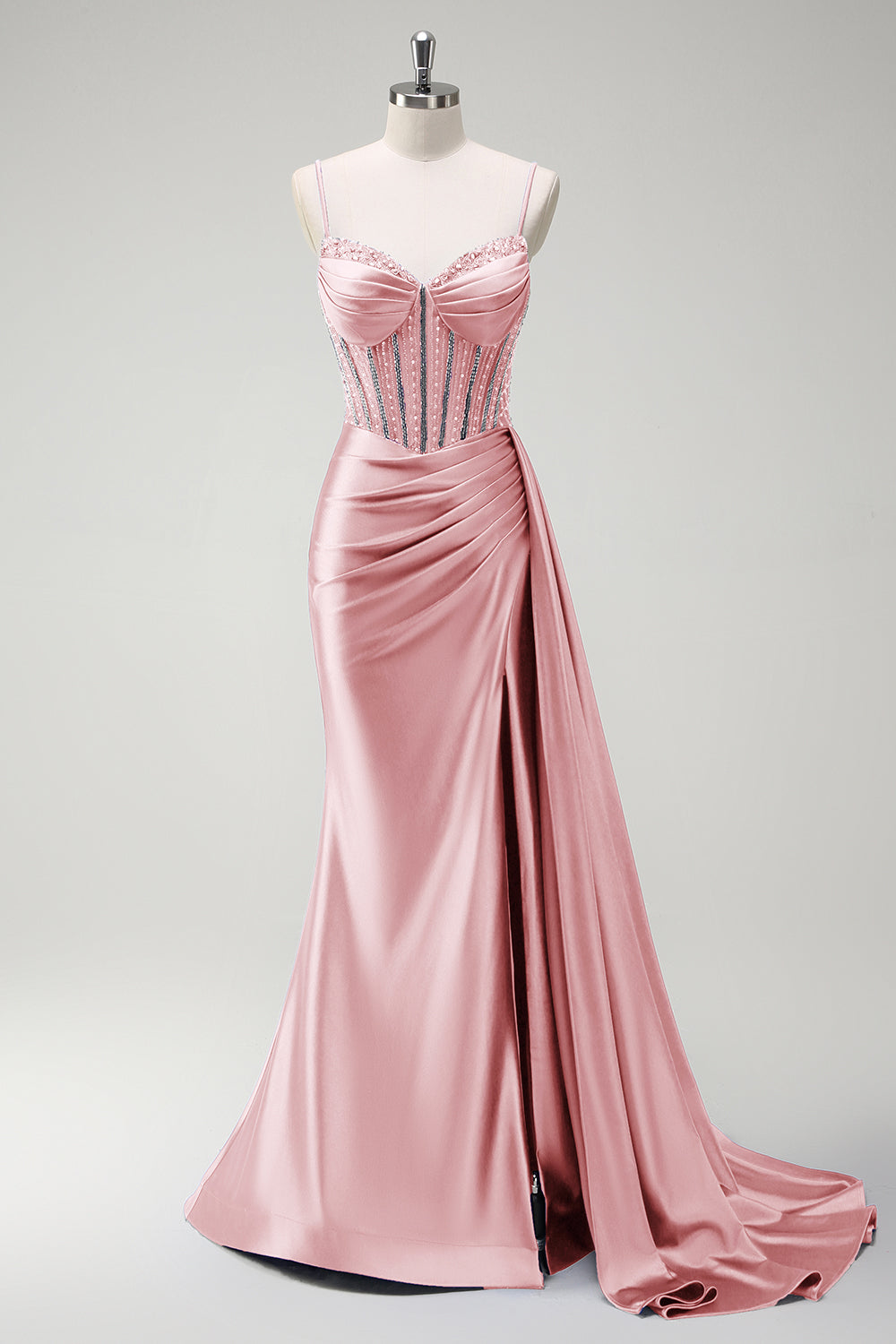 Robe longue de bal en satin plissée avec corset perlé sirène violet scintillant et fente