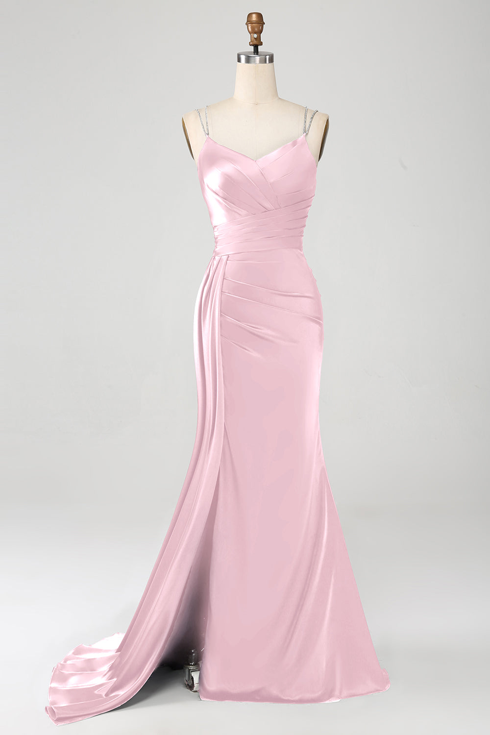 Robe de soirée longue fendue bleu marine en sirène avec bretelles spaghetti et corset plissé