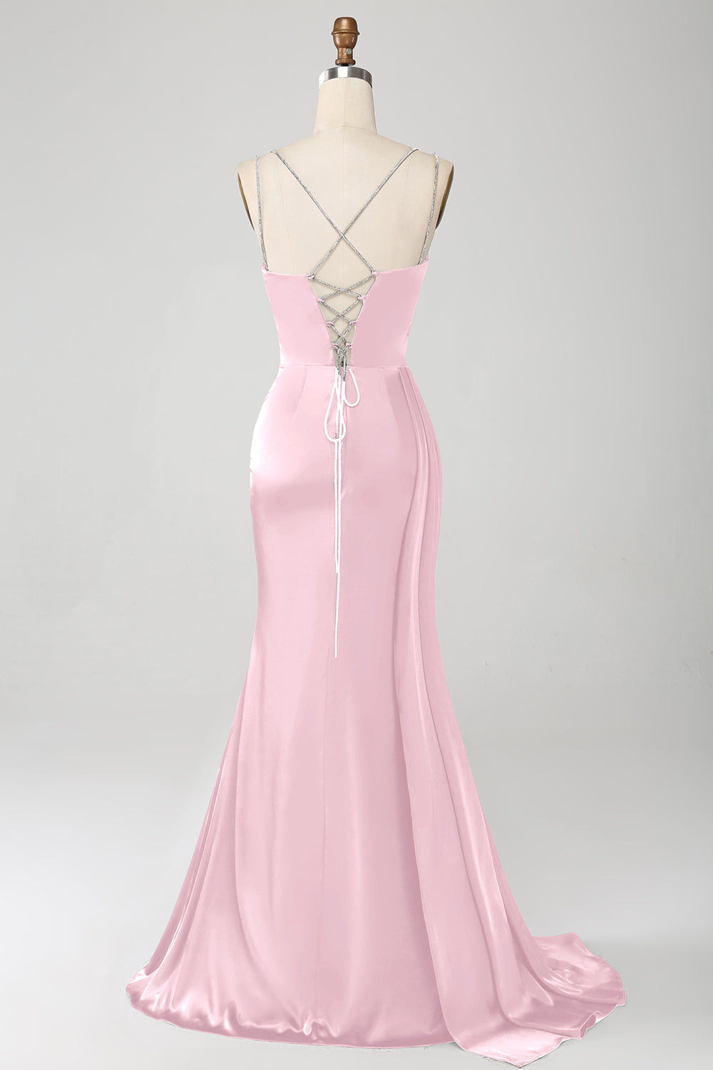 Robe de soirée longue fendue bleu marine en sirène avec bretelles spaghetti et corset plissé