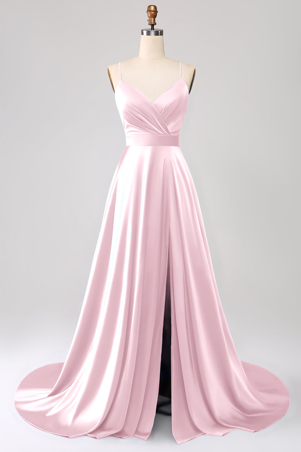 Robe de bal bleu roi en satin évasée à fines bretelles avec fente