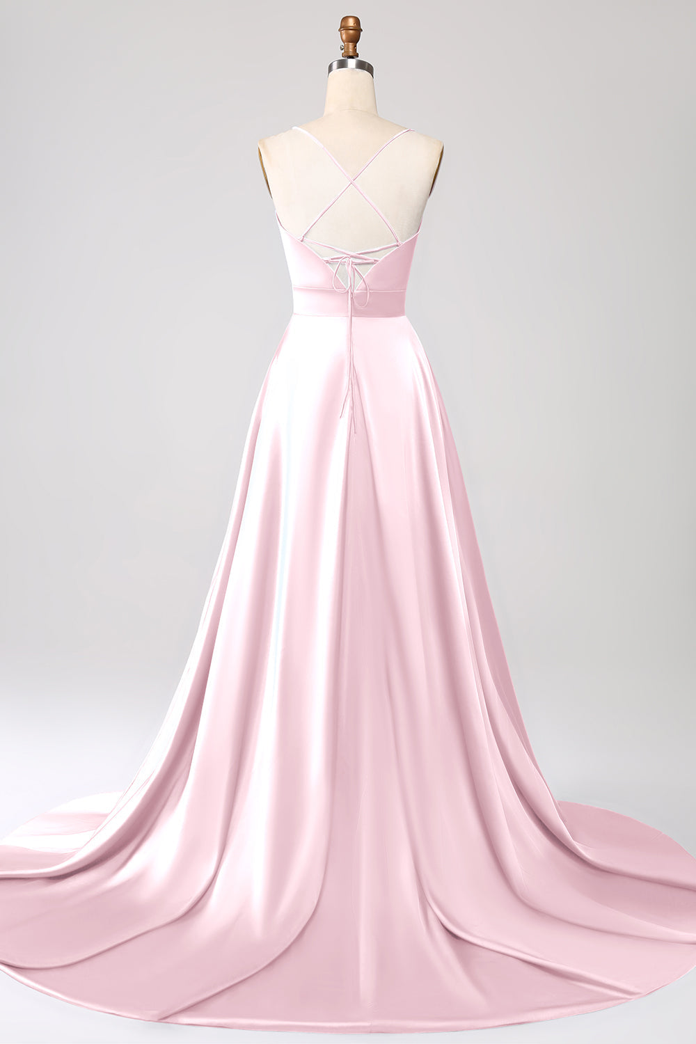 Robe de bal bleu roi en satin évasée à fines bretelles avec fente