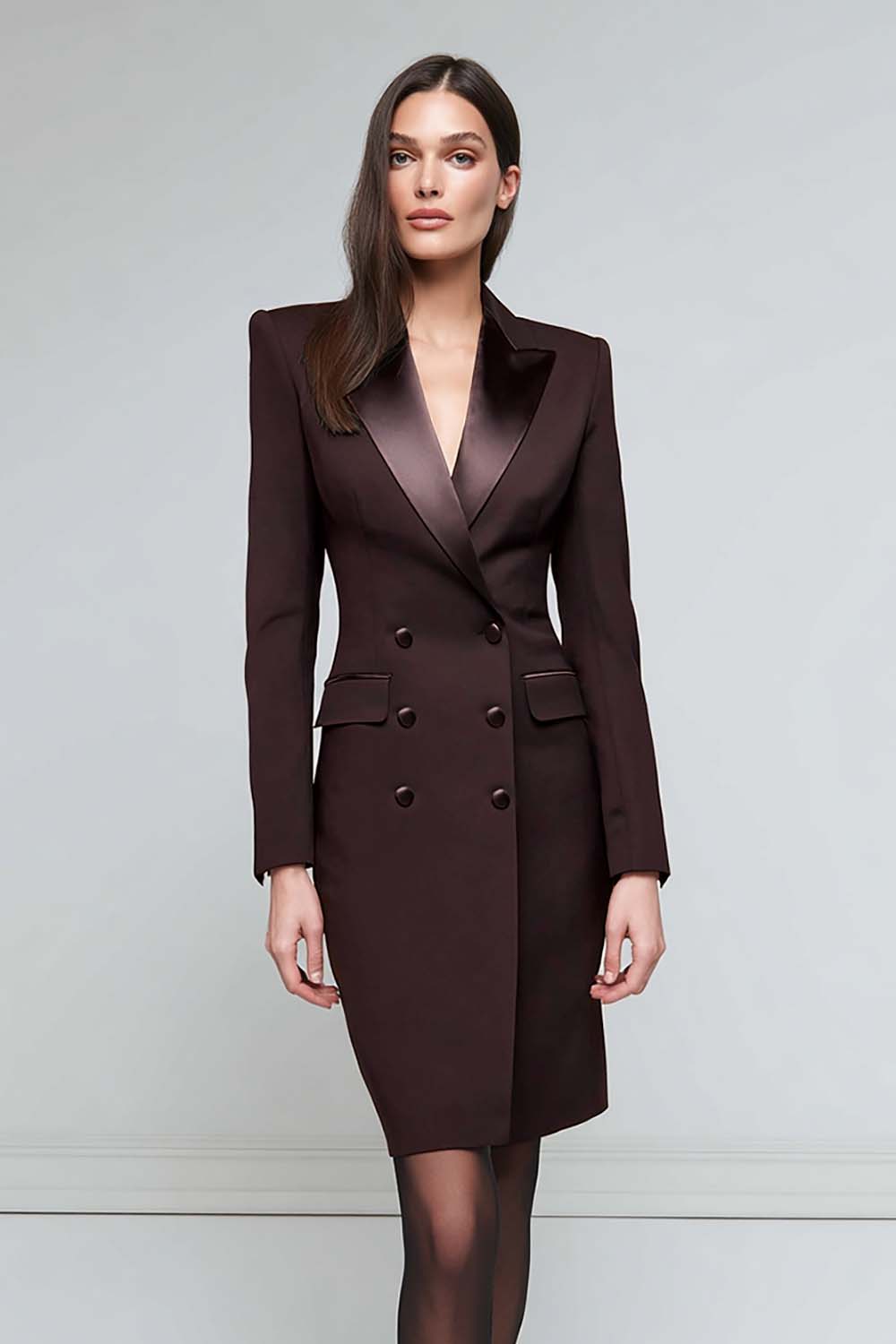 Satin Black Peak Lapel Midi Work Dress