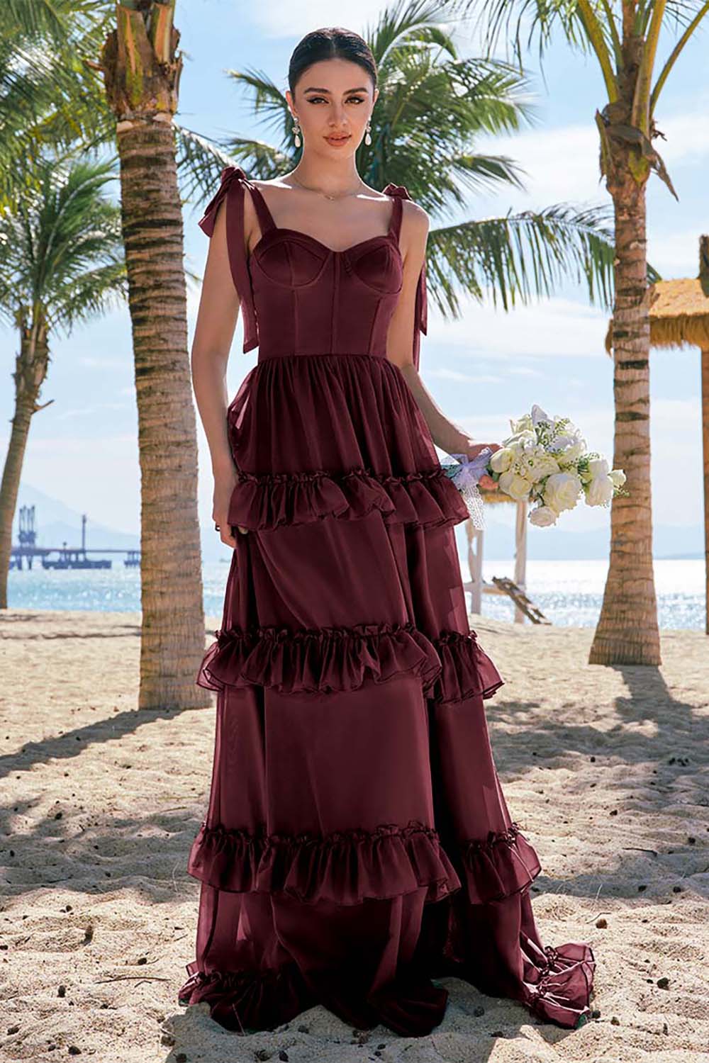 Eucalyptus A-Line Bow Tie Straps Corset Chiffon Long Bridesmaid Dress with Slit