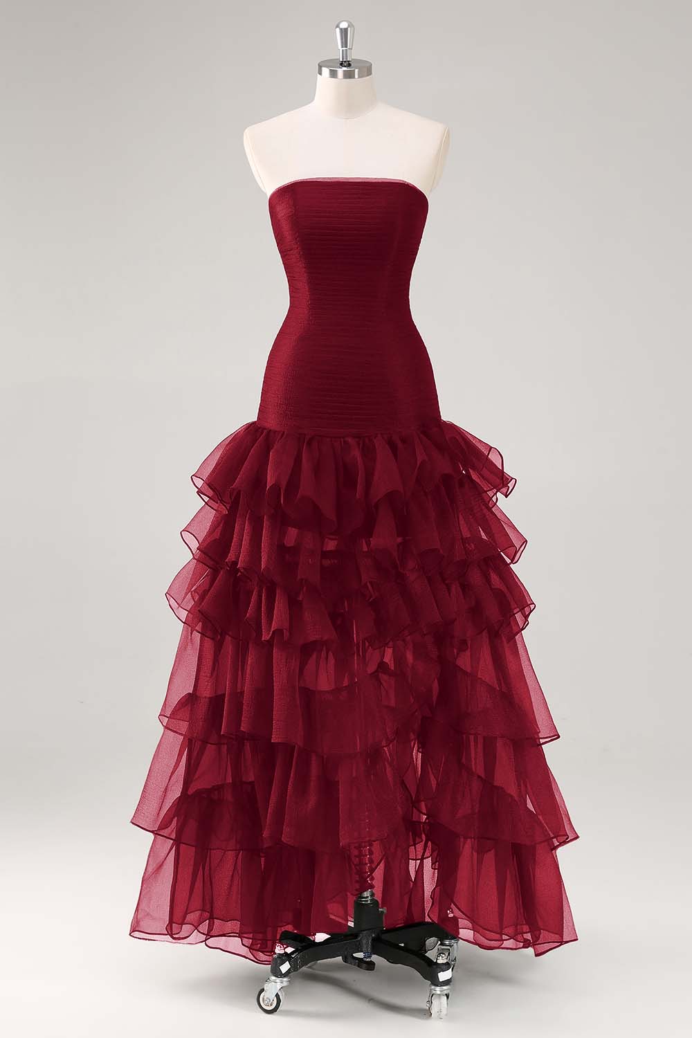 Black Strapless Tulle Tiered Ruffled Formal Dress with Slit