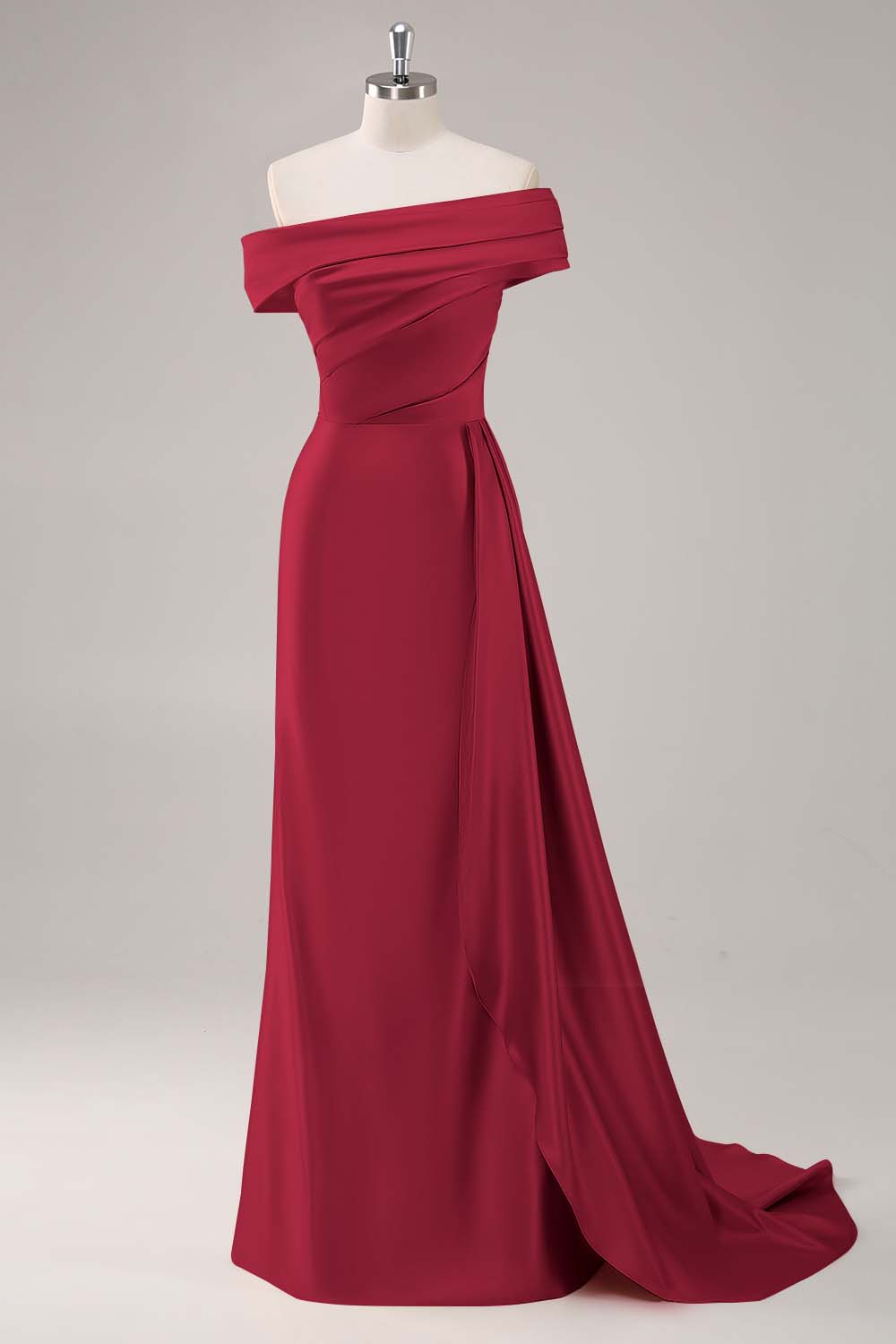 Robe de soirée longue satinée champagne plissée asymétrique
