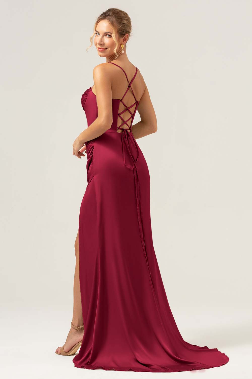 Dusty Blue Mermaid Spaghetti Straps Corset Satin Bridesmaid Dress with Slit