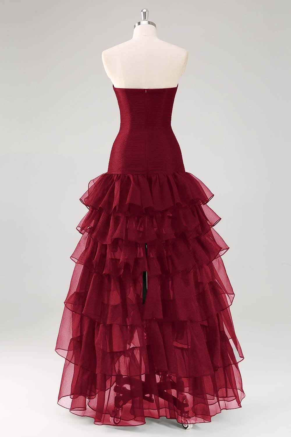 Black Strapless Tulle Tiered Ruffled Formal Dress with Slit