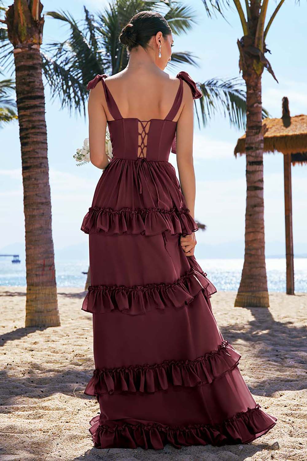 Eucalyptus A-Line Bow Tie Straps Corset Chiffon Long Bridesmaid Dress with Slit