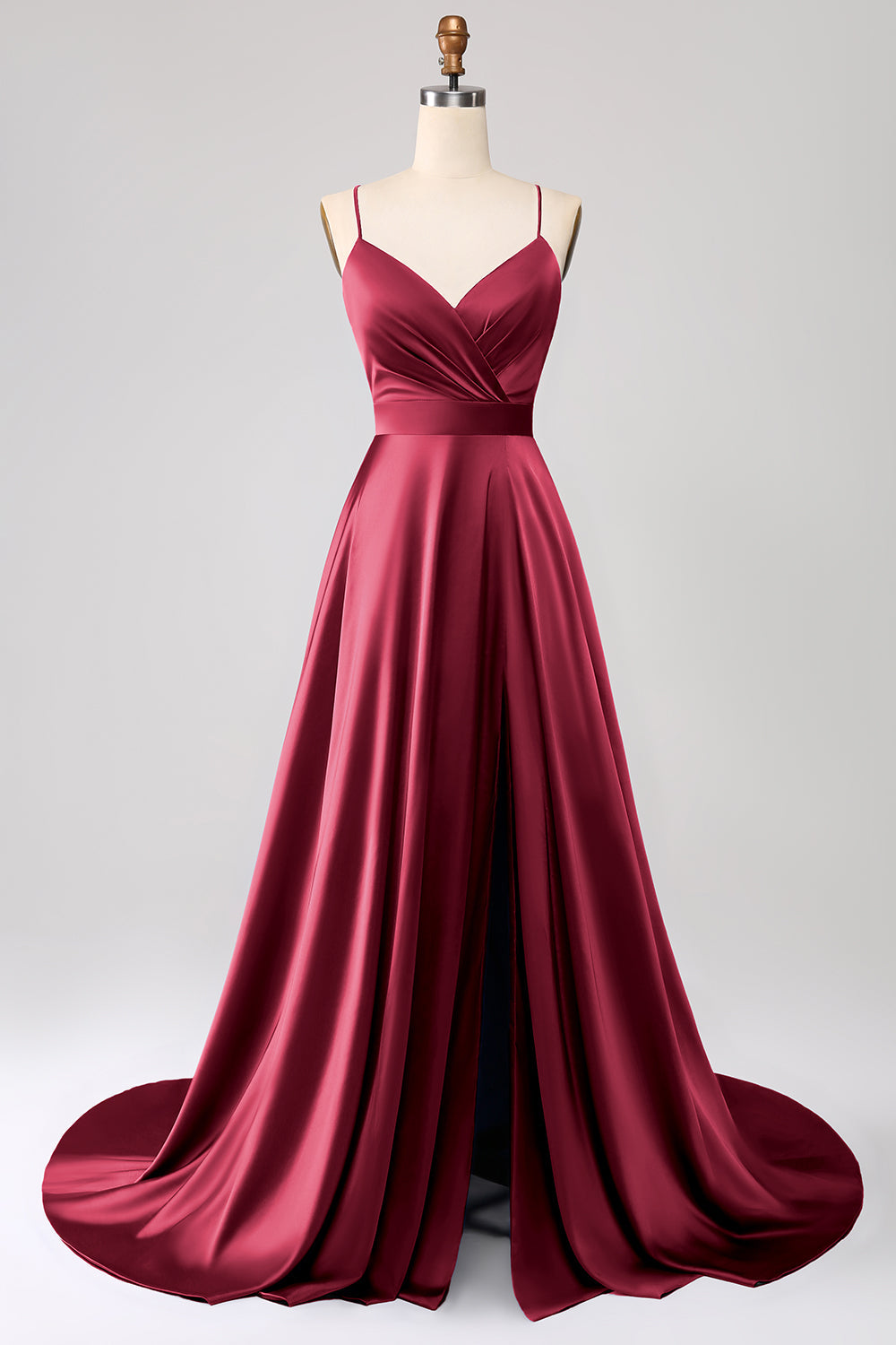 Robe de bal bleu roi en satin évasée à fines bretelles avec fente