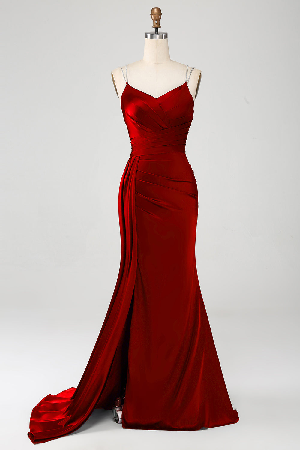 Robe de soirée longue fendue bleu marine en sirène avec bretelles spaghetti et corset plissé