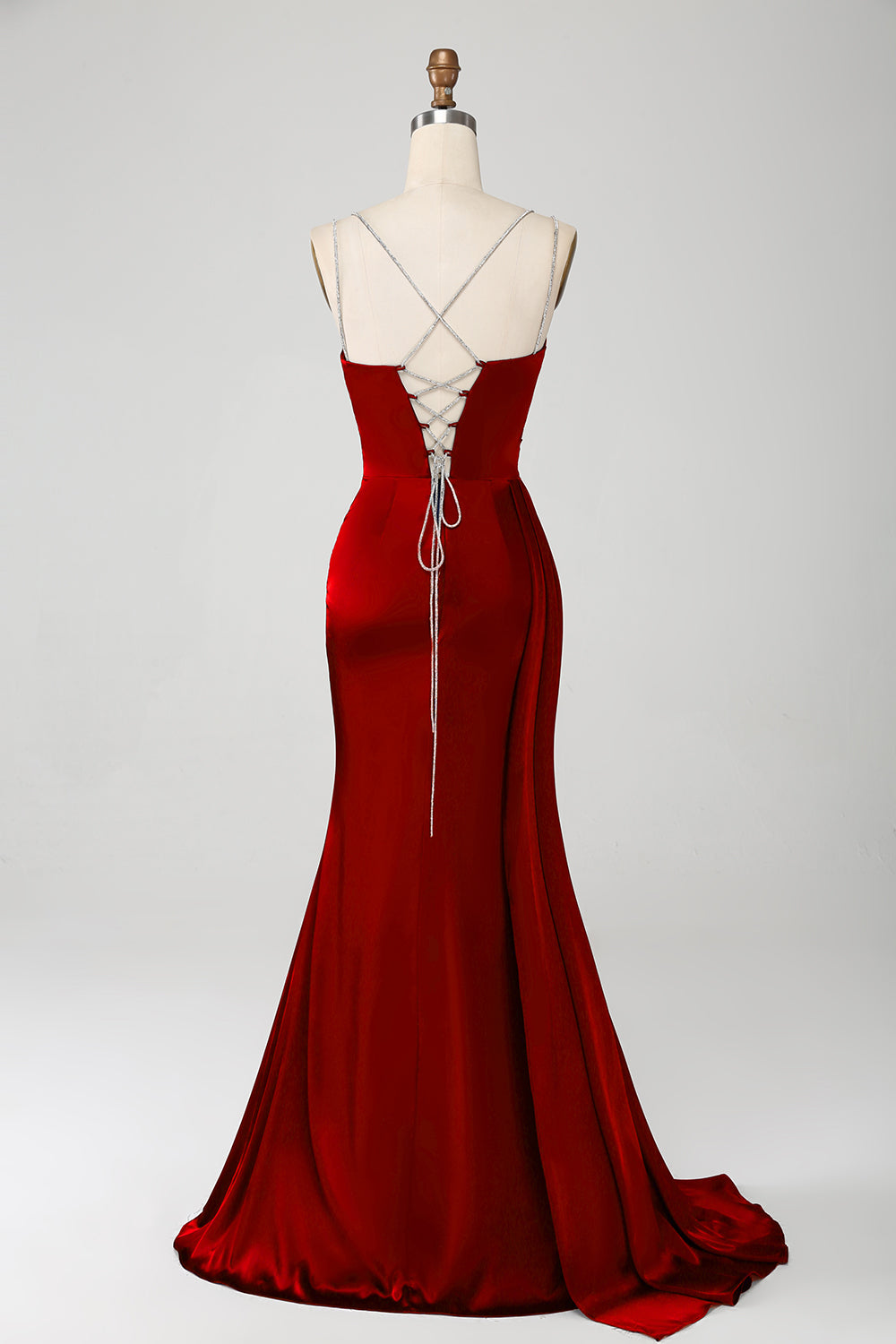Robe de soirée longue fendue bleu marine en sirène avec bretelles spaghetti et corset plissé