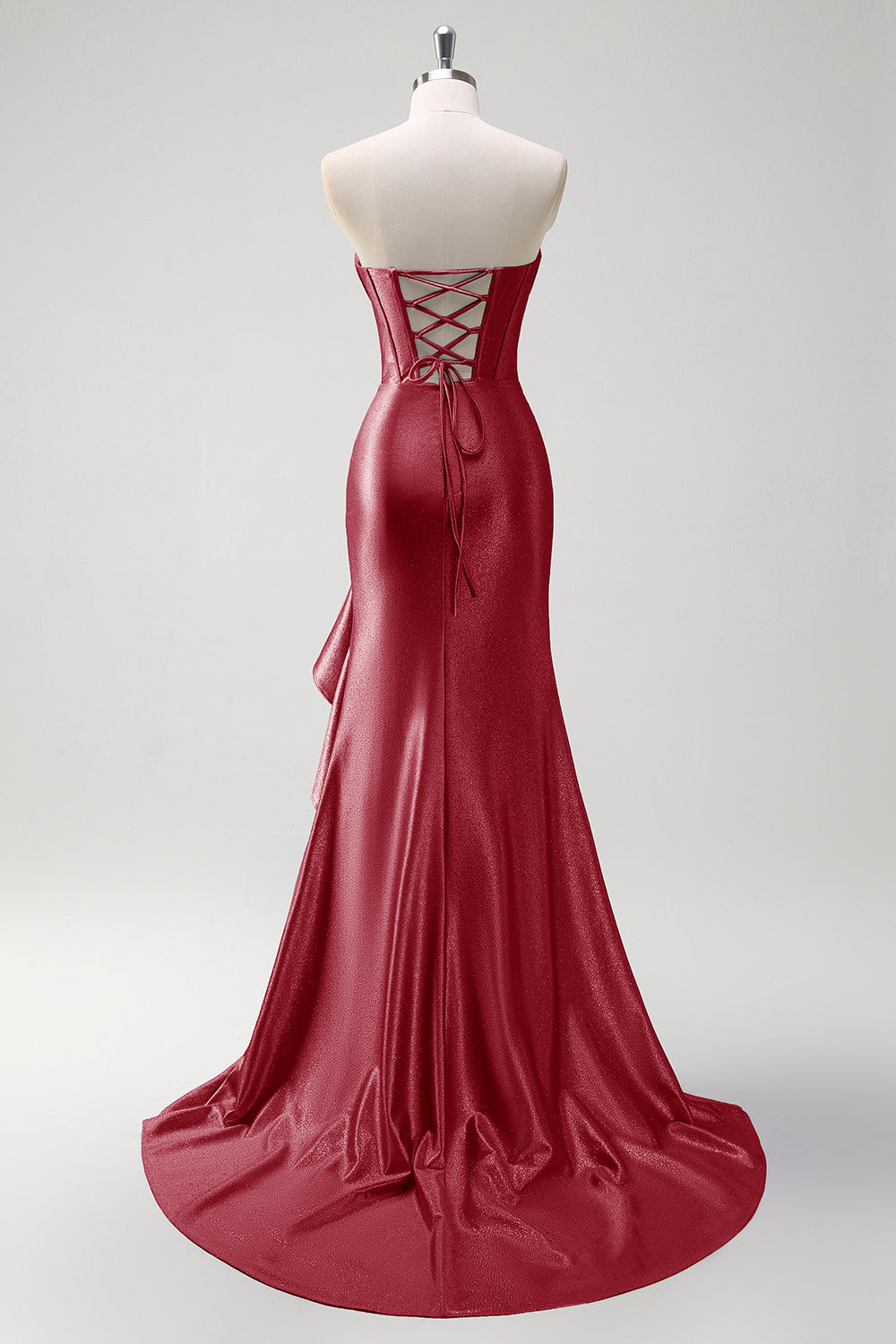 Sparkly Champagne Mermaid Strapless Ruffle Corset Satin Long Prom Dress with Slit