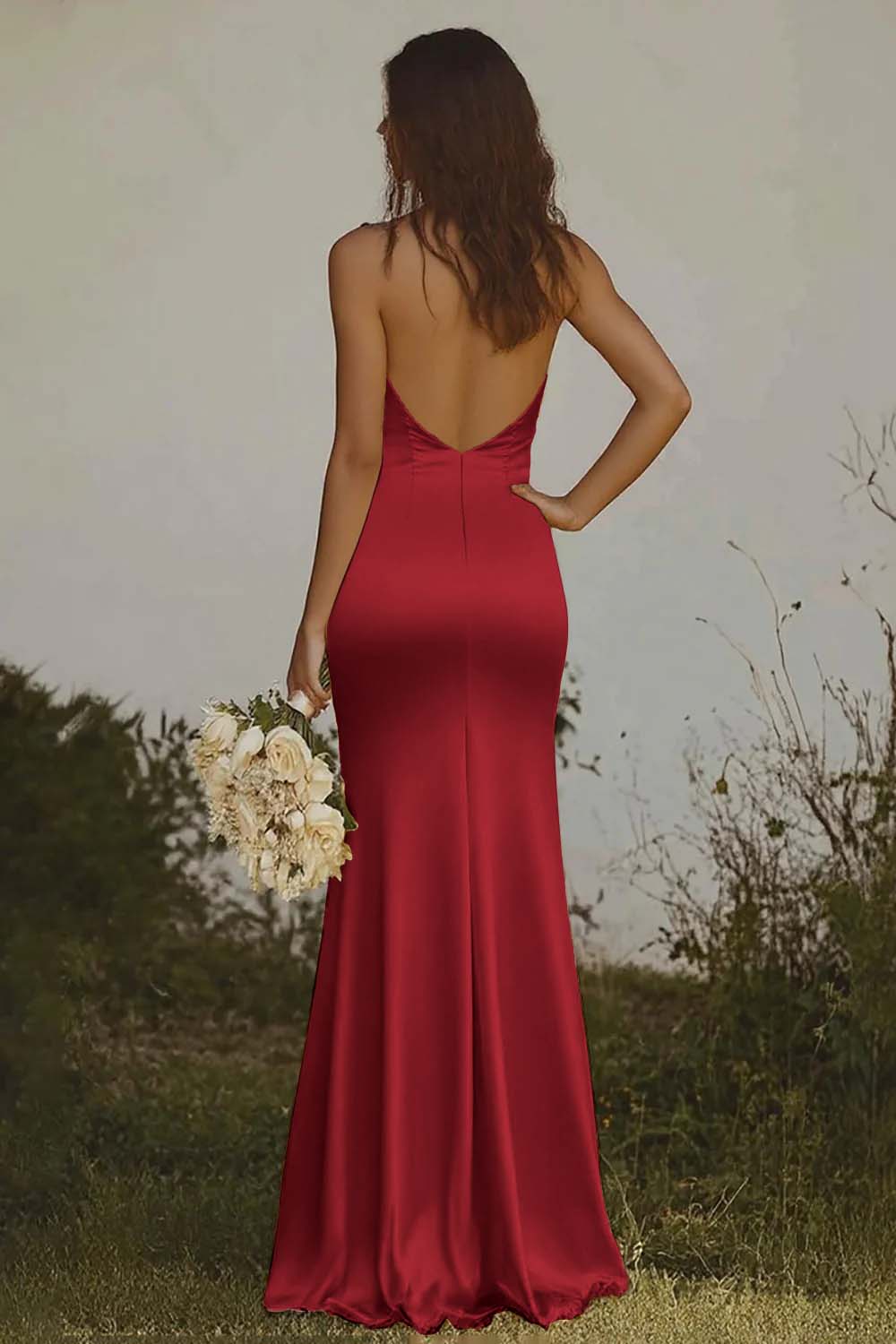 Light Yellow Halter Mermaid Satin Bridesmaid Dress