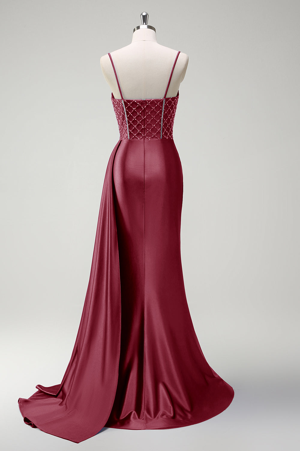 Robe longue de bal en satin plissée avec corset perlé sirène violet scintillant et fente