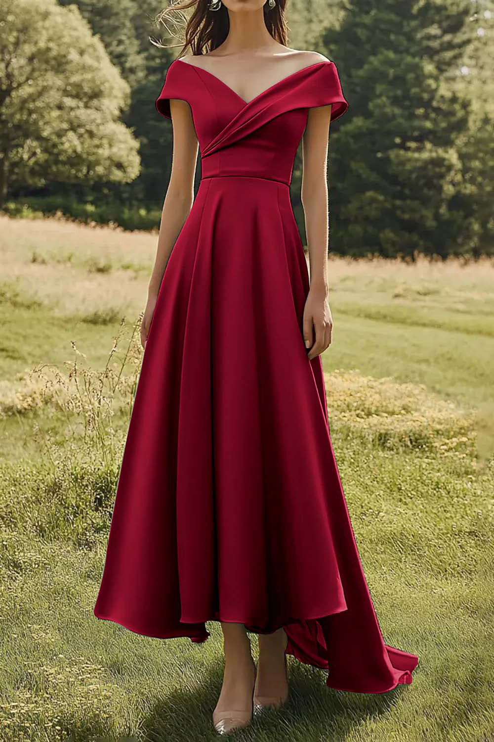 Sage Off-the-Shoulder Slim Formal Dress with Wide Hem