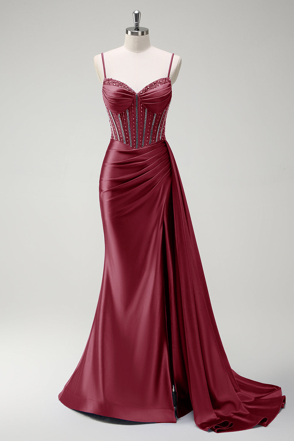 Robe longue de bal en satin plissée avec corset perlé sirène violet scintillant et fente