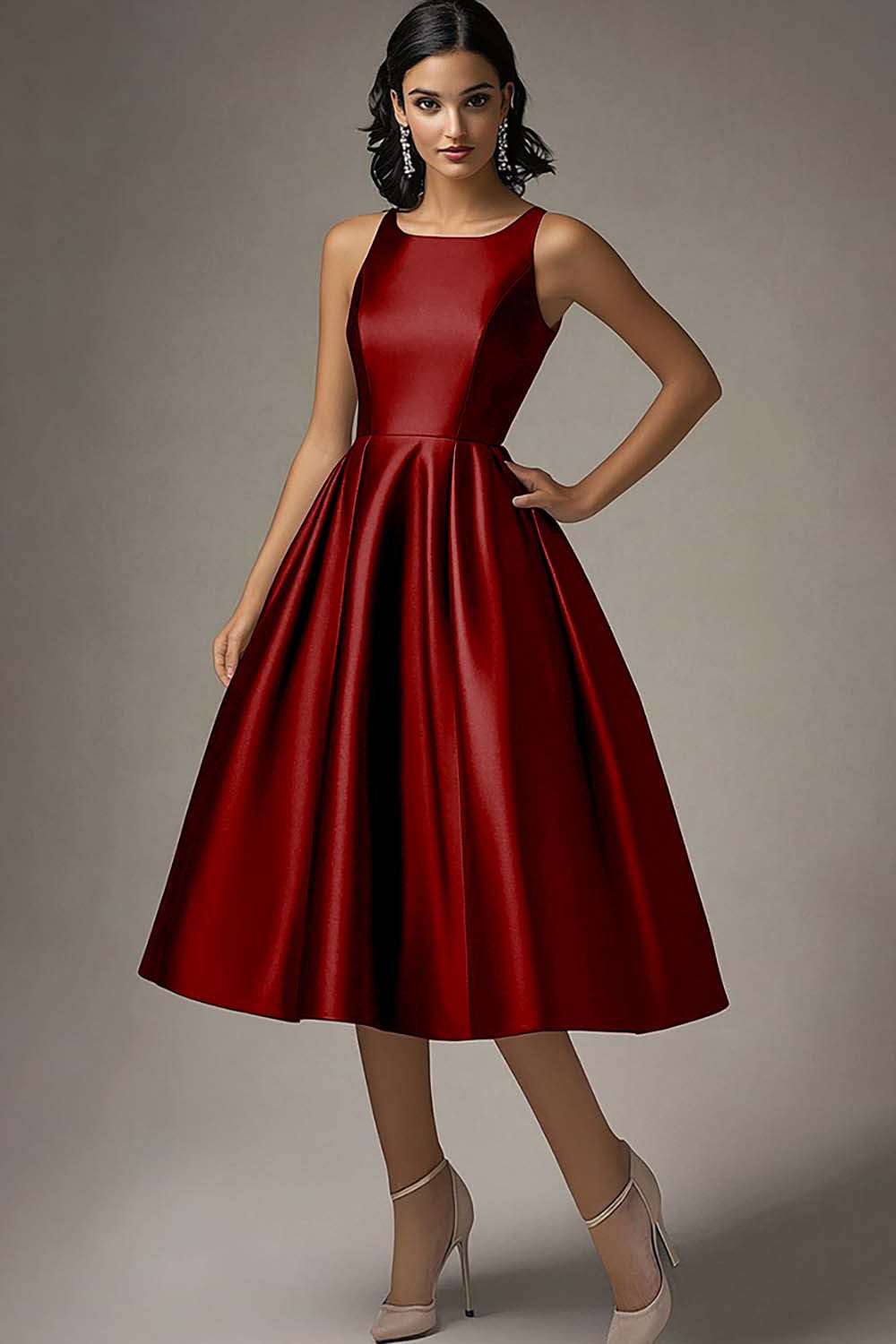 Black A Line Satin Ruched Midi Formal Dress