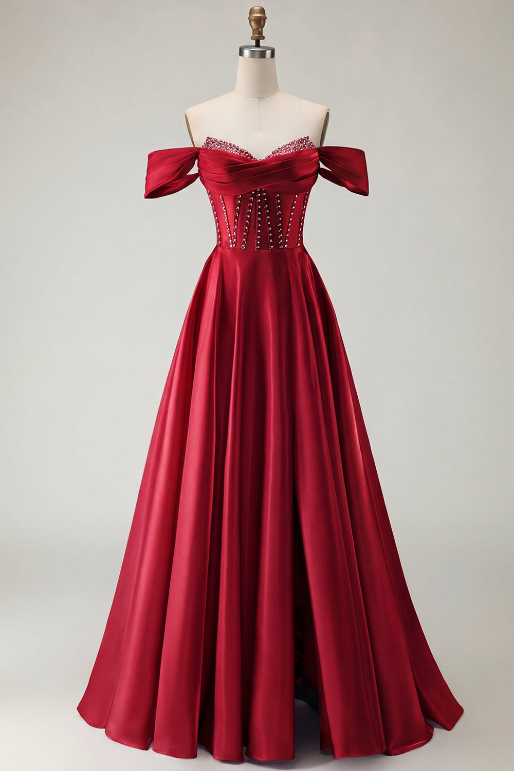 Robe de bal longue en tulle violet avec corset, épaules dénudées, perles, ligne A et fente