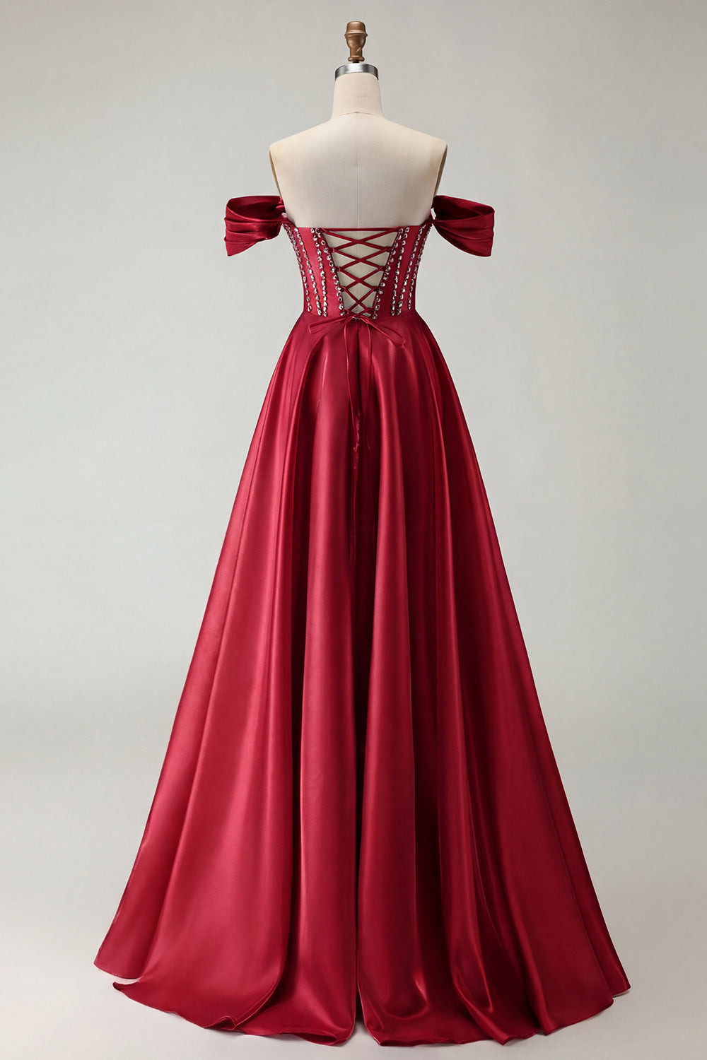 Off The Shoulder Purple A Line Beaded Long Satin Prom Dress with Slit