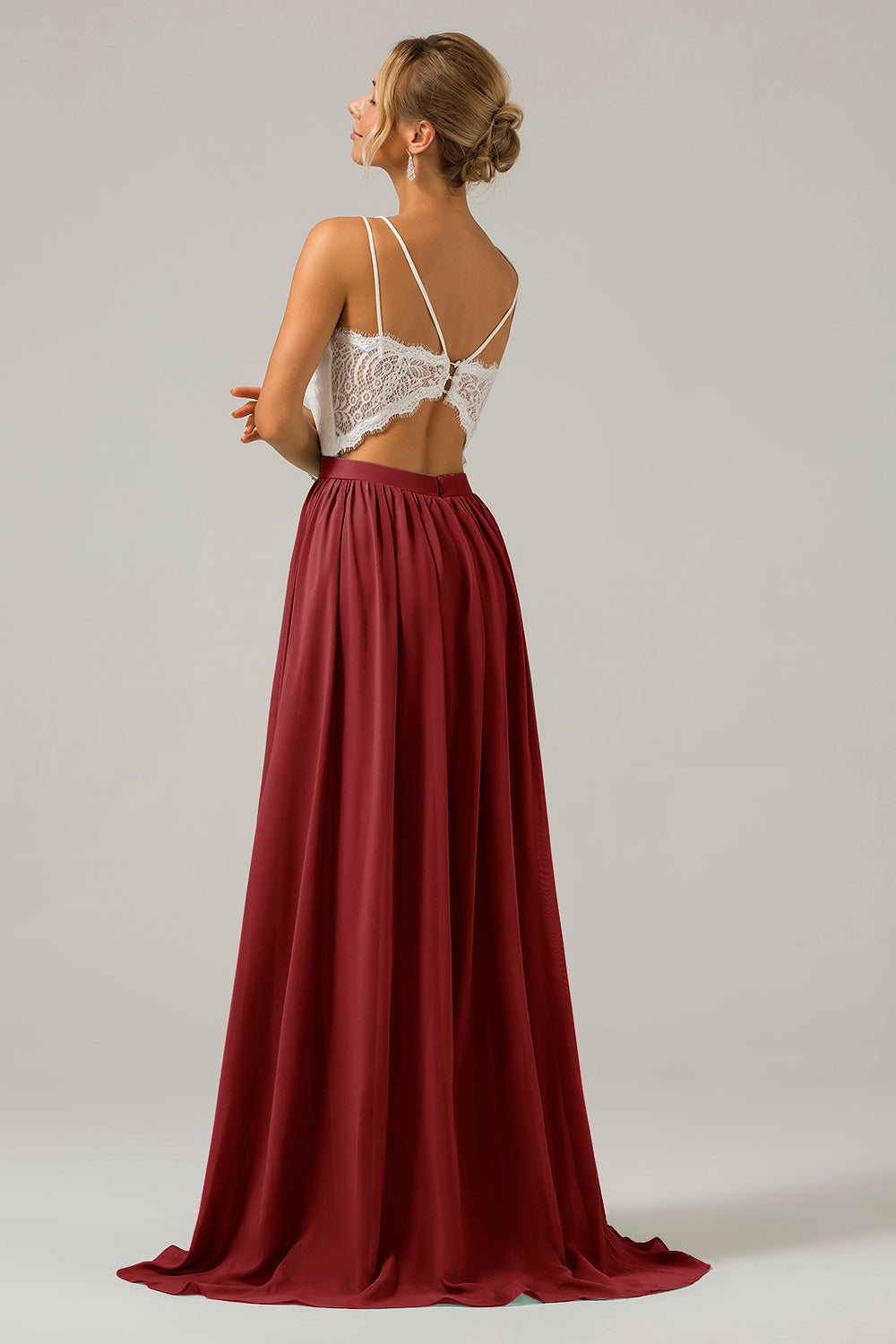 Robe longue de demoiselle d'honneur en mousseline de soie à dos ouvert, style bohème, couleur eucalyptus, avec dentelle