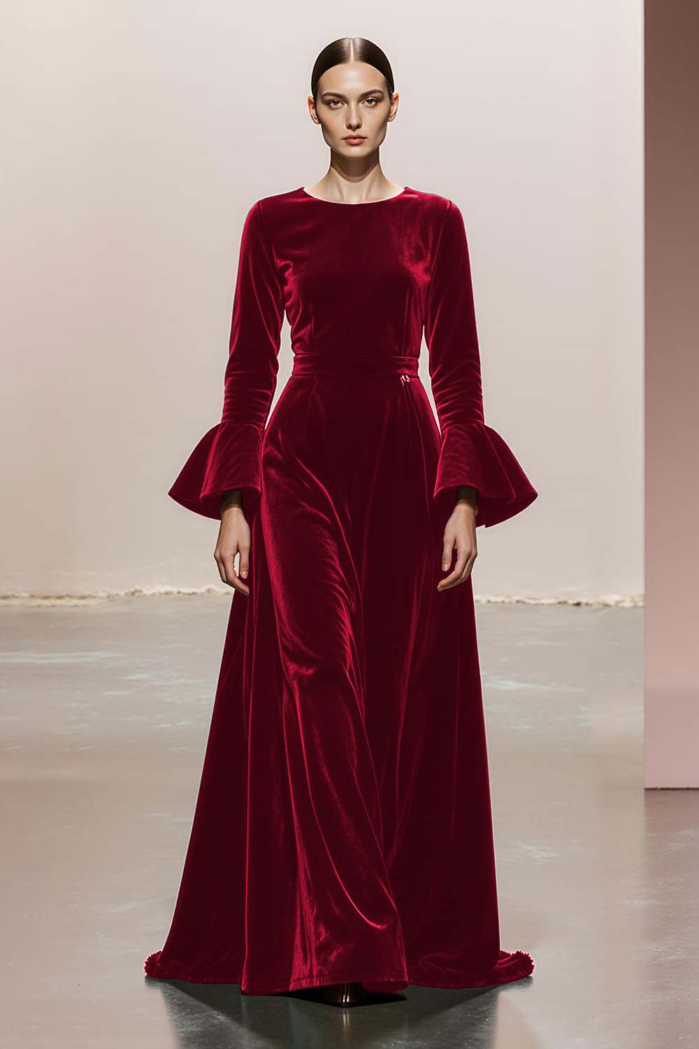 Dark Green A-Line Round Neck Long Sleeves Velvet Military Ball Dresses