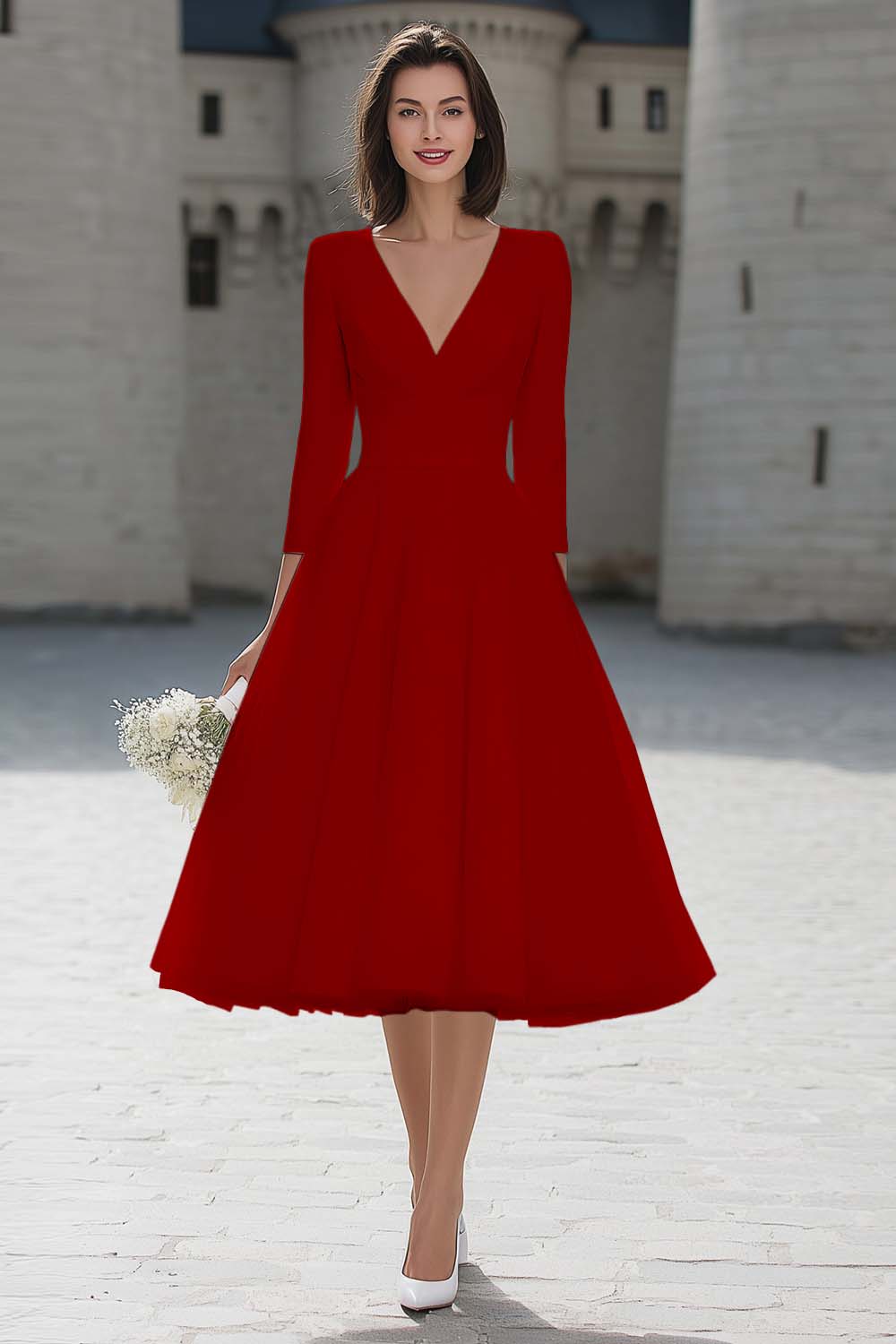 A-Line Ivory V-Neck Midi Engagement Dress