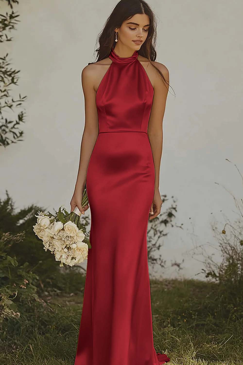 Light Yellow Halter Mermaid Satin Bridesmaid Dress