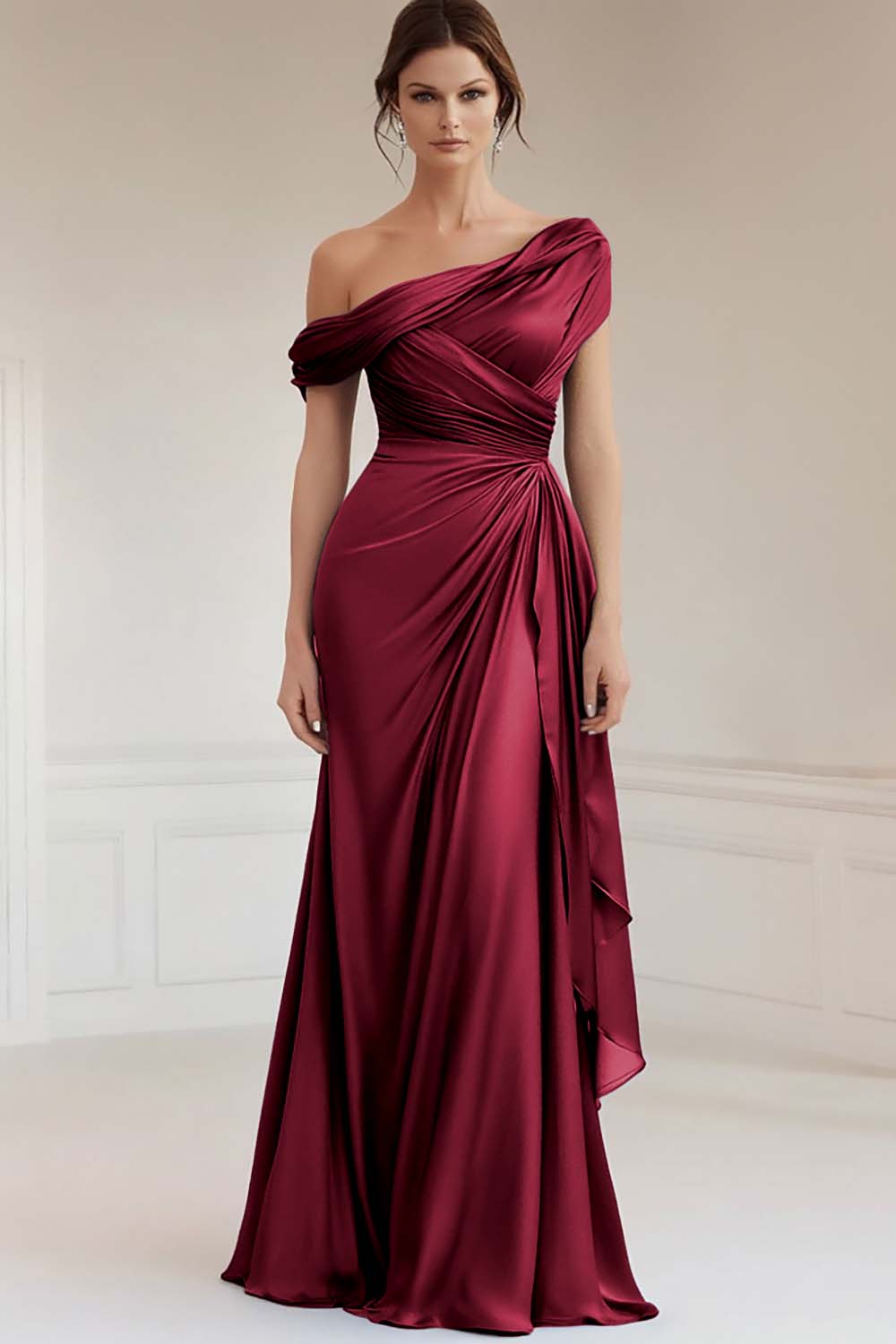Mermaid Gray Blue One-Shoulder Satin Ruched Mother of the Bride Dress with Ruffles