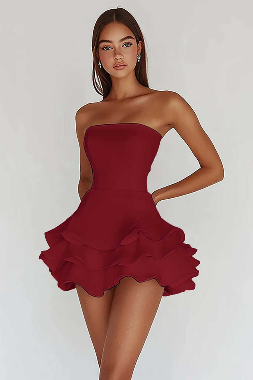 White Strapless A-Line Tiered Matte Satin Graduation Dress