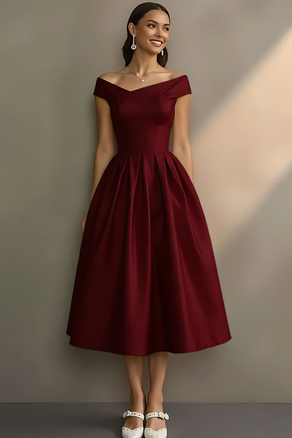 Robe de fiançailles midi trapèze blanche à épaules dénudées