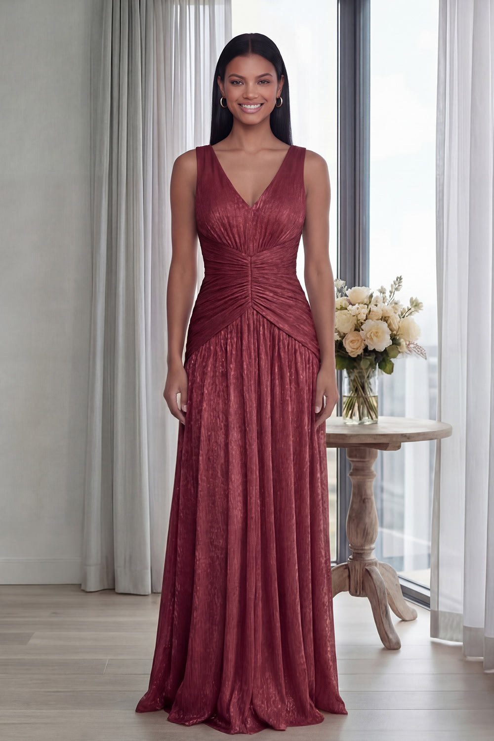 Dusty Rose V-Neck A-Line Pleated Long Formal Dress
