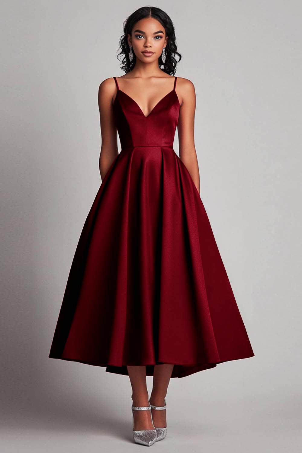 Red Satin A-Line Tea-Length Formal Dress